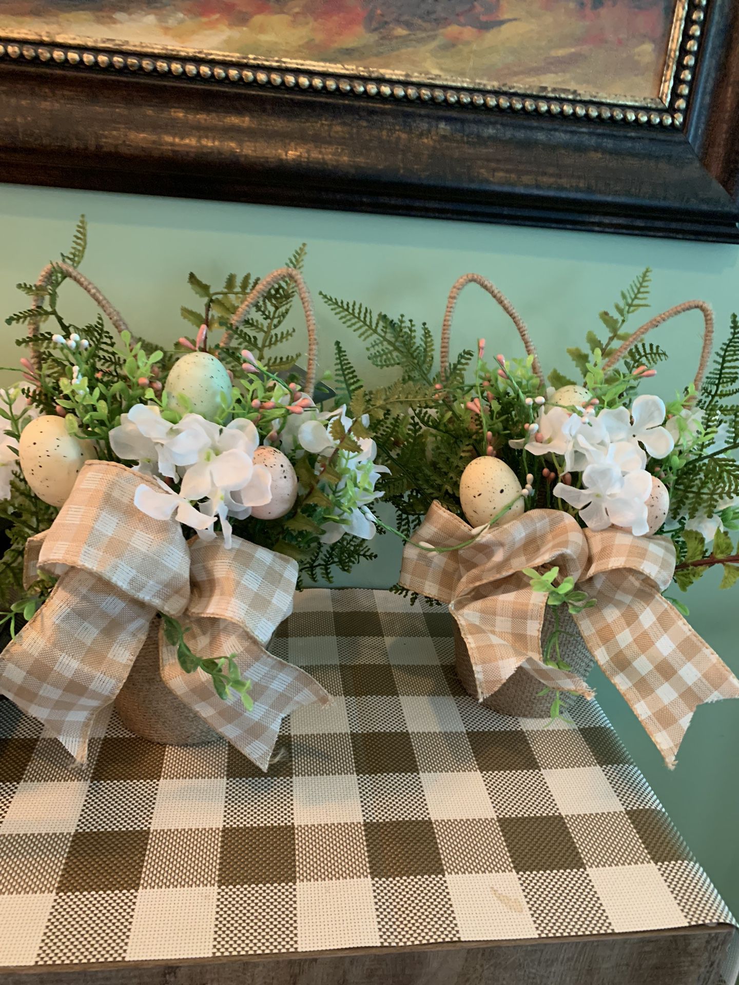 2 Easter Egg & Flowers  Arrangement In Burlap Wrapped Pot, Bunny Ears, Checkered Bow Accent. 
