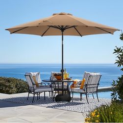 11FT Patio Umbrellas with Base Included, 8 Sturdy Ribs, Fade Resistant Waterproof POLYESTER DTY Canopy for Garden, Lawn, Deck, Backyard & Pool,Tan