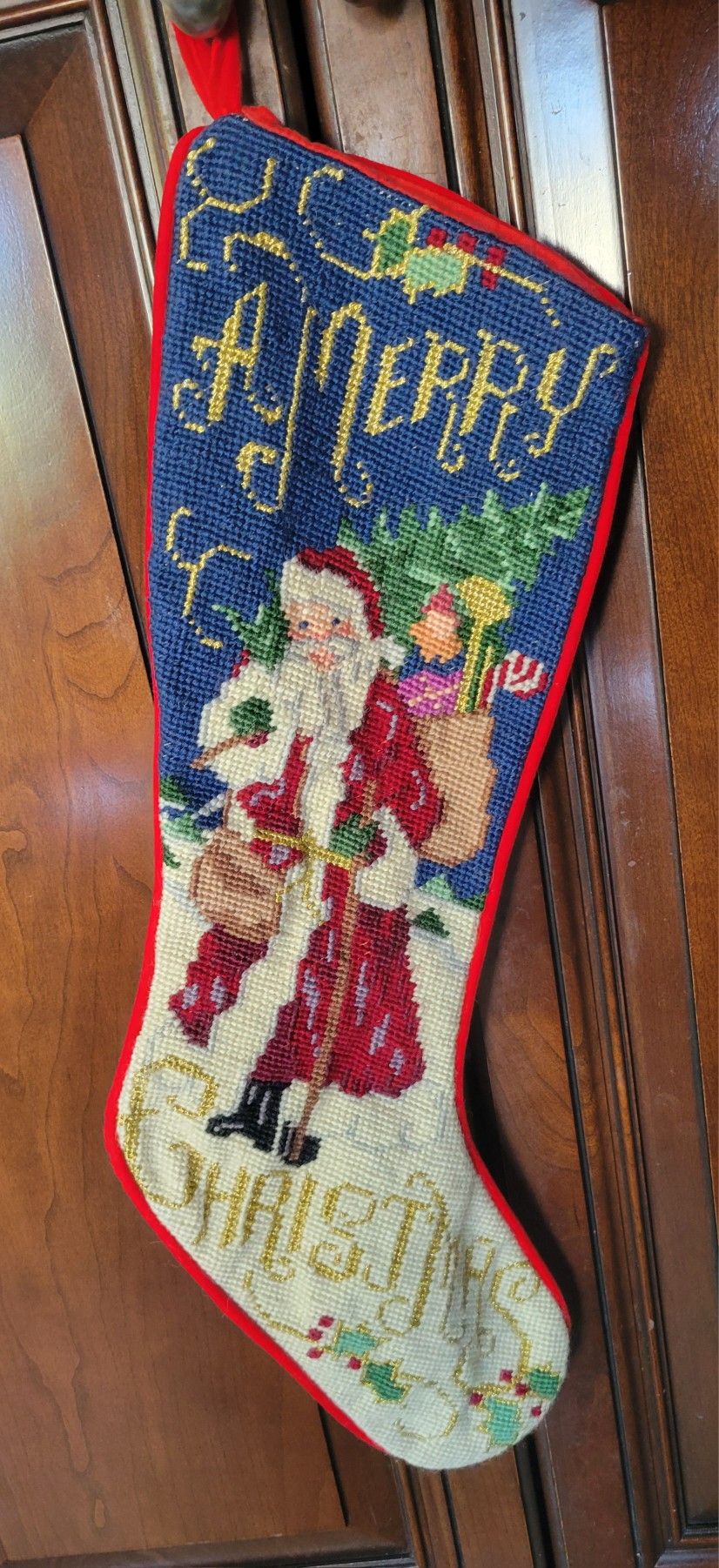 Needlepoint Christmas Stocking Santa Merry Christmas