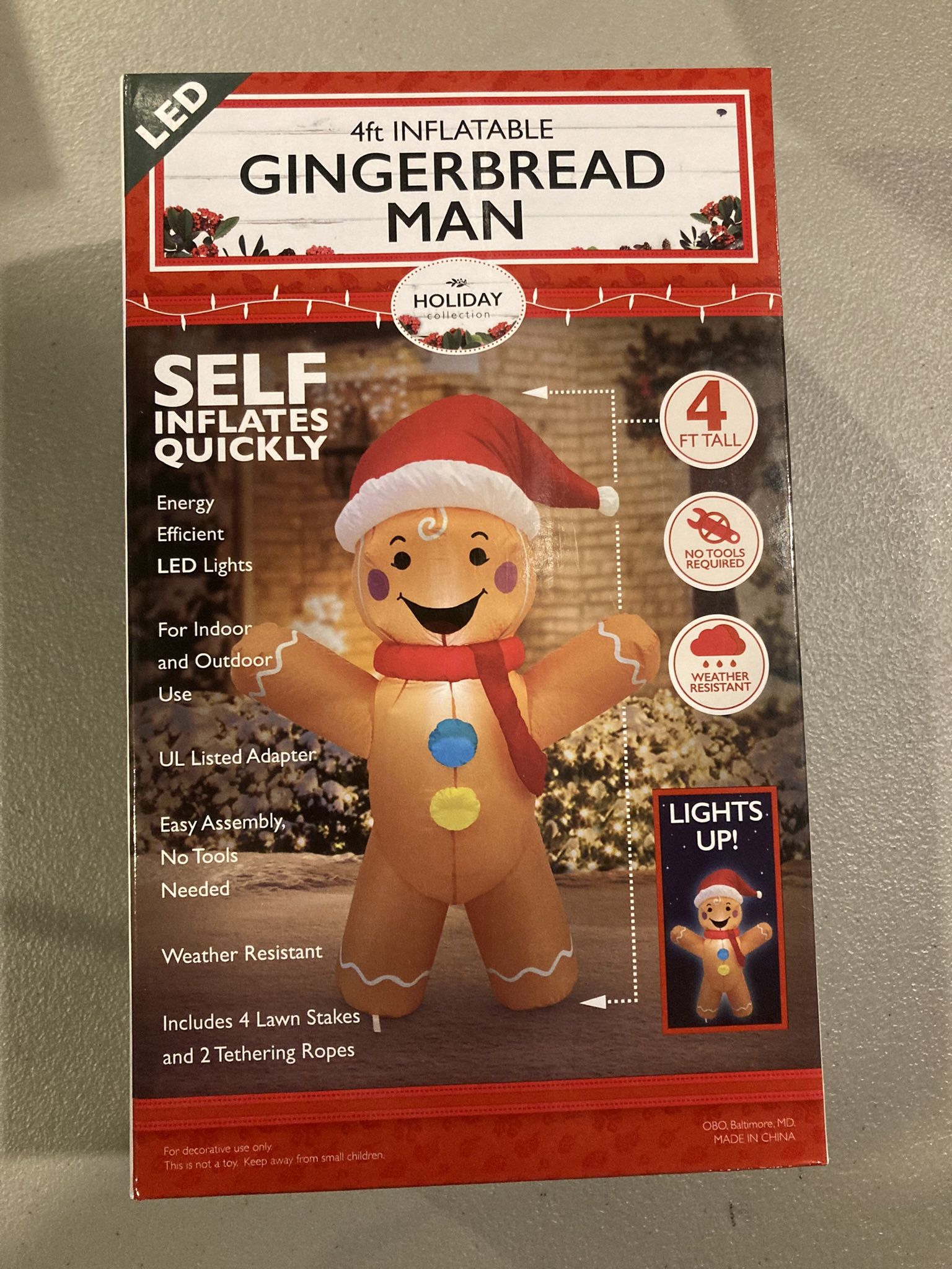 NEW Inflatable Gingerbread Man Santa 4FT Light Up Outdoor Indoor Holiday