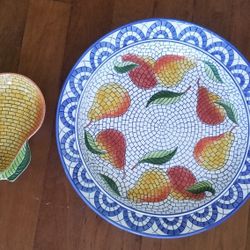Large Platter & Small Dish Fruit Clay Art Mosaic Pear Handpainted
