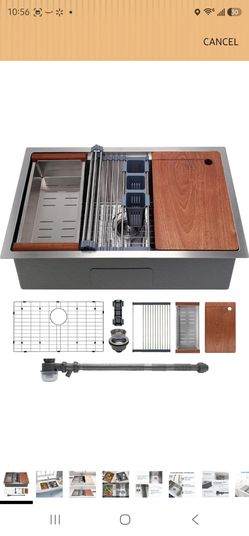 SANYCASA 32" x 19" Multifunctional Undermount Workstation Kitchen Sink S304 Stainless Steel Handmade Modern Single Bowl Kitchen Sink with Accessories 