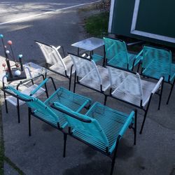 Vintage Lawn Patio Furniture Set Turquoise And White Chairs Benches Tables Stacking