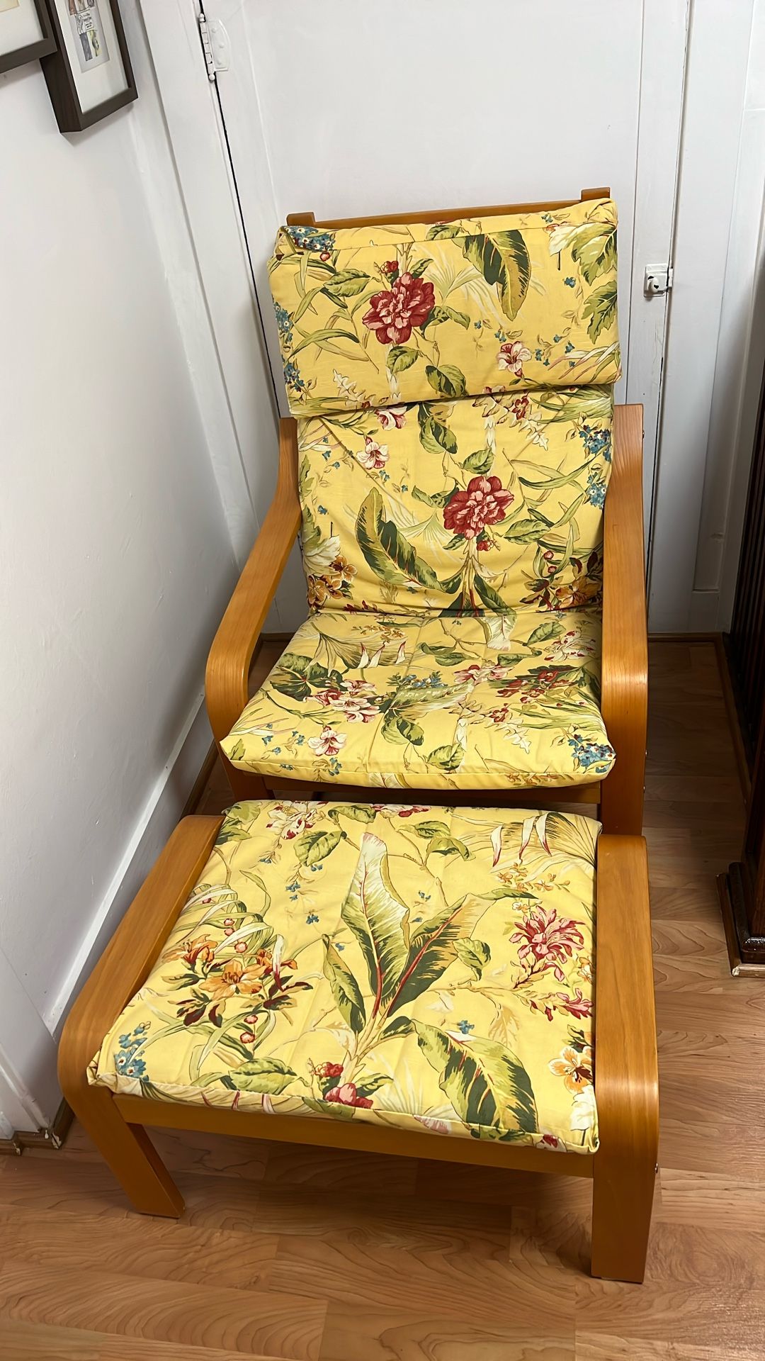 Poang IKEA Chair and Ottoman, Yellow Floral Pattern