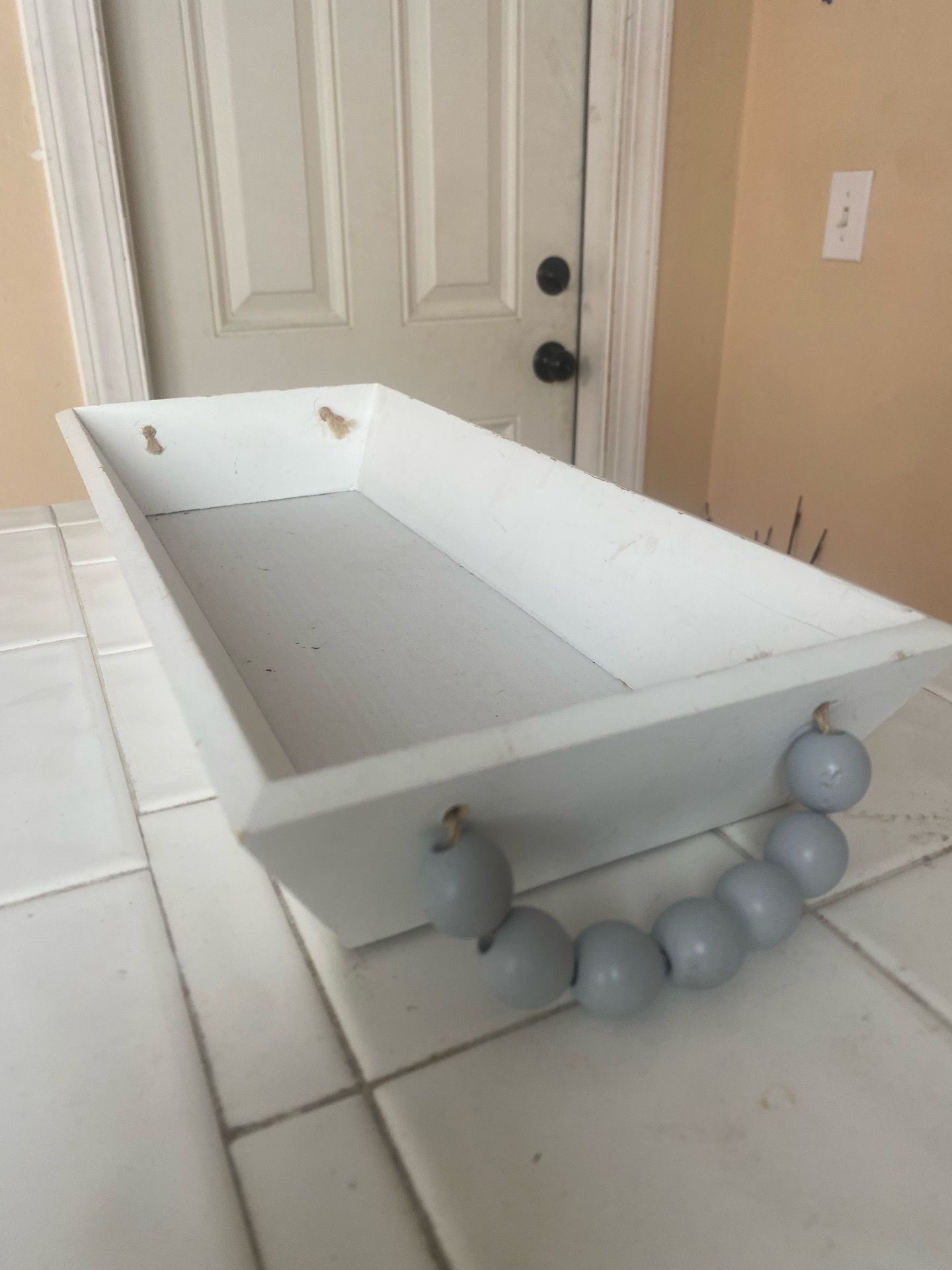 White Wood Beaded Tray - Nice !!!!
