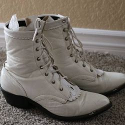Rare Vintage Justin White Leather Lace-up Western Boots