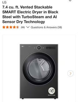 NEEDS TO SELL ASAP! $599 OBO LG 7.4 cu. ft. Vented Stackable SMART Electric Dryer in Black Steel with TurboSteam and AI Sensor Dry Technology