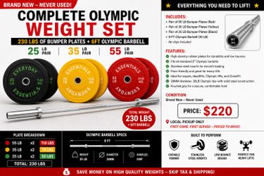 NEW Olympic Weight Set + Barbell – 230LB Bumper Plates + 6FT Bar (Home Gym)