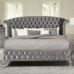 Brand New Grey Crystal Button Tufted Bed