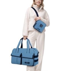 Travel Bag Leather Duffle Bags for Men with Compartment Canvas Carry On Sprots Duffel Bag,   Blue, 3 in 1