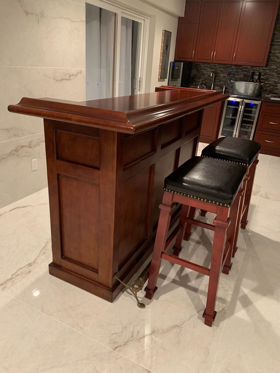 Custom Cherry Wood Bar with 2 Barstools In Excellent Condition