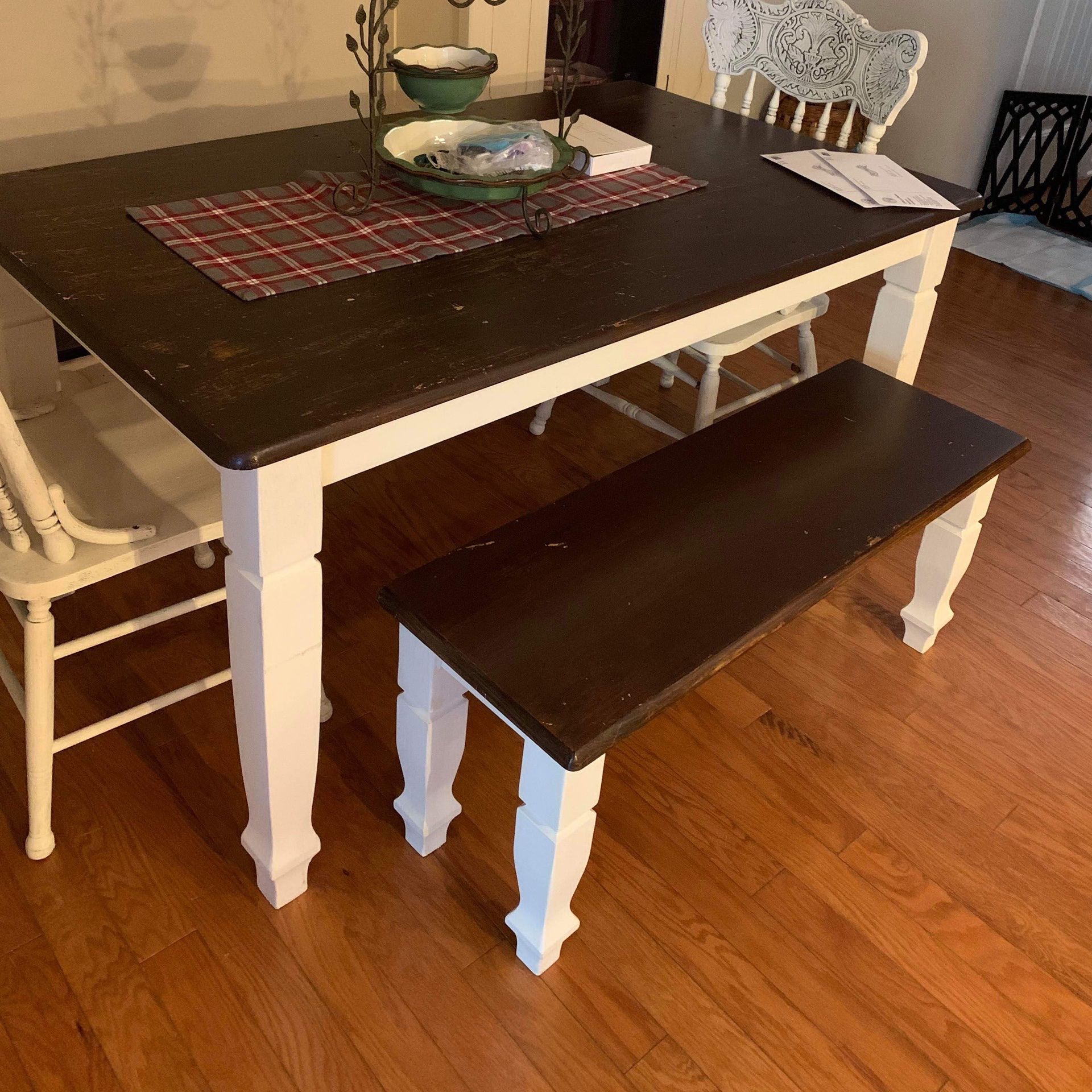 Price Reduced Farmhouse Table With Matching Bench And 2 Chairs