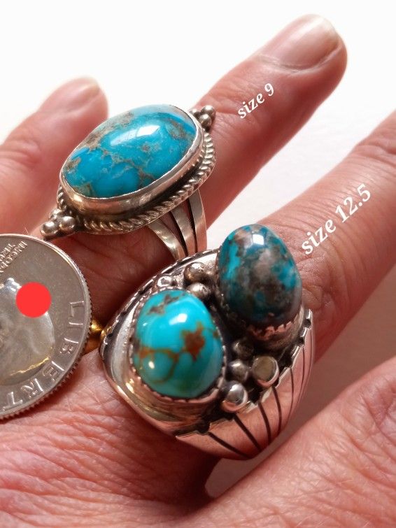 $160! 2 Awesome Super Vintage 925 Sterling Silver Turquoise Navajo Made Rings