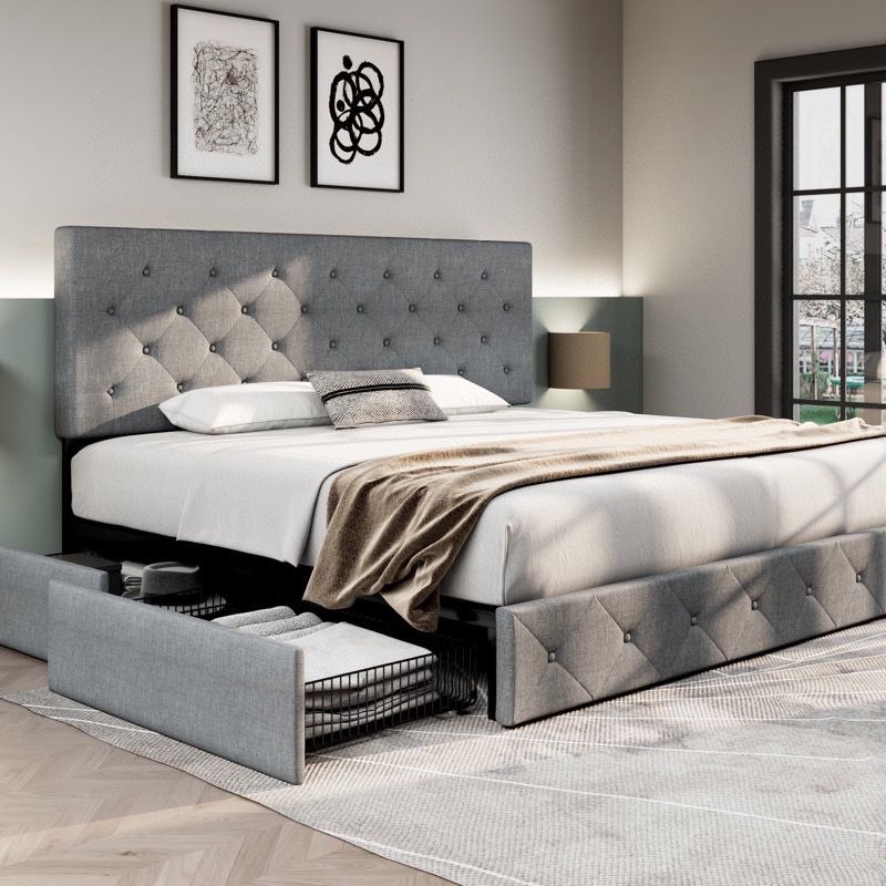 Upholstered King Size Platform Bed Frame with 4 Storage Drawers and Headboard, Mattress Foundation 
