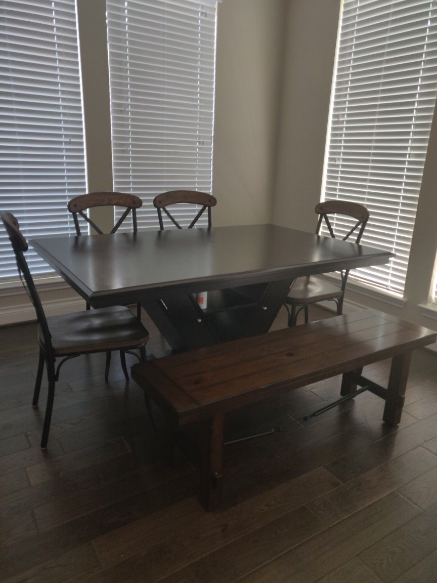 Dining set (table, 4 chairs and a bench). Functional dining table with 8 wine bottle storage