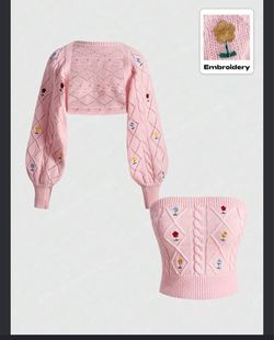 Shein Pink Floral Embroidery Knit Cardigan and Tube Top Set