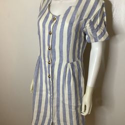 Merry Hat Elegant Linen Chunky Gold Button Blue and White Striped Midi Dress 