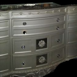 $925 - Pearl White & Marble Bedroom Dresser + Bed Frame