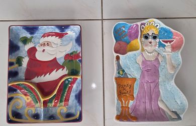 Art Sleigh Ride Santa and Boston Warehouse Party or Bust New Year Party Girl ceramic serving platters set of 2. Santa divided platter measures 15"x11"
