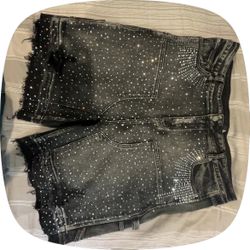 Paper Money Men's Black Rhinestone Dark Wash Denim Shorts 5-Pocket Button