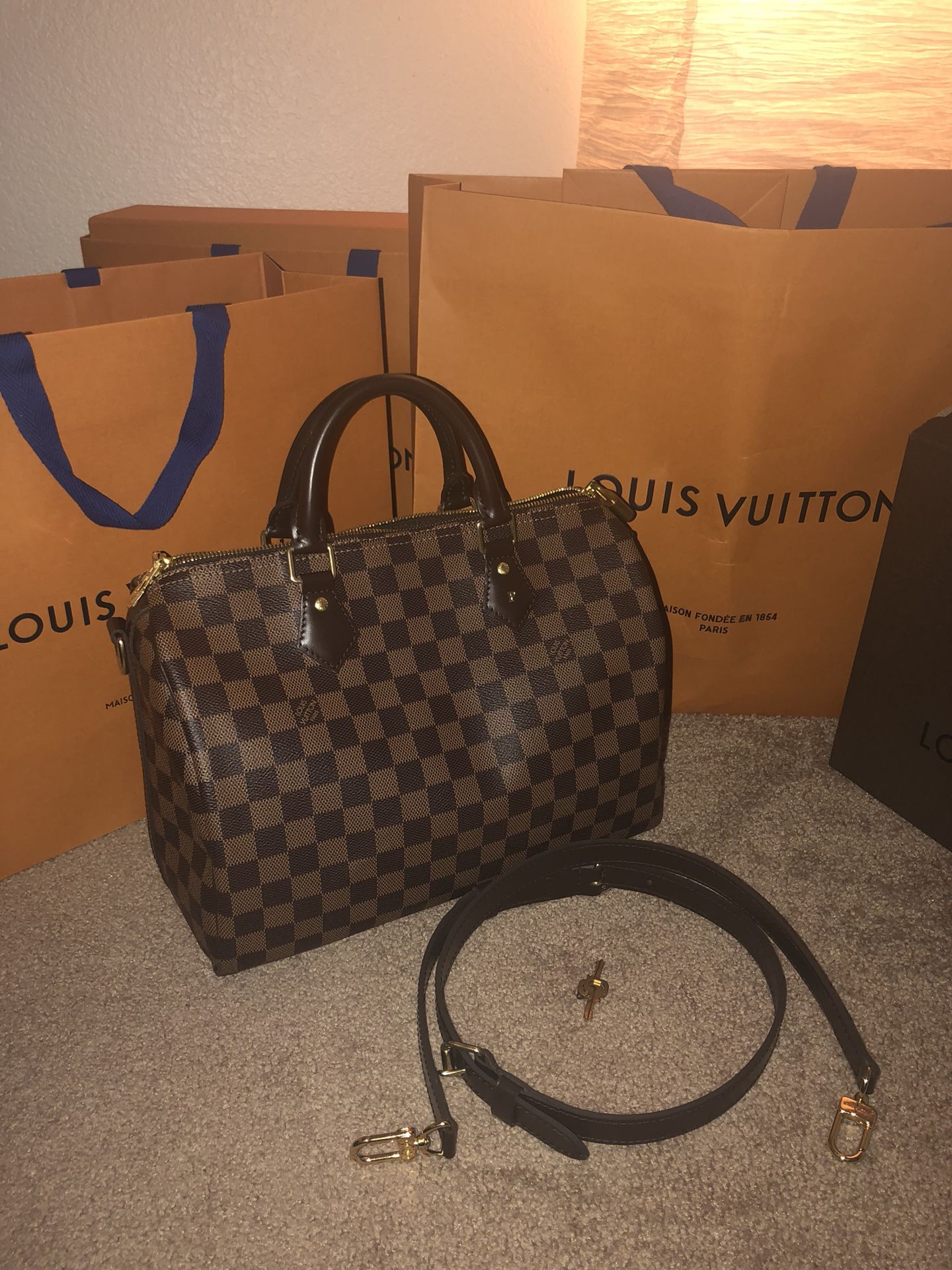 SOLD - LV Damier Speedy 30 Bandouliere (Hot-stamp on strap)_Louis