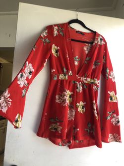 Red floral low cut romper