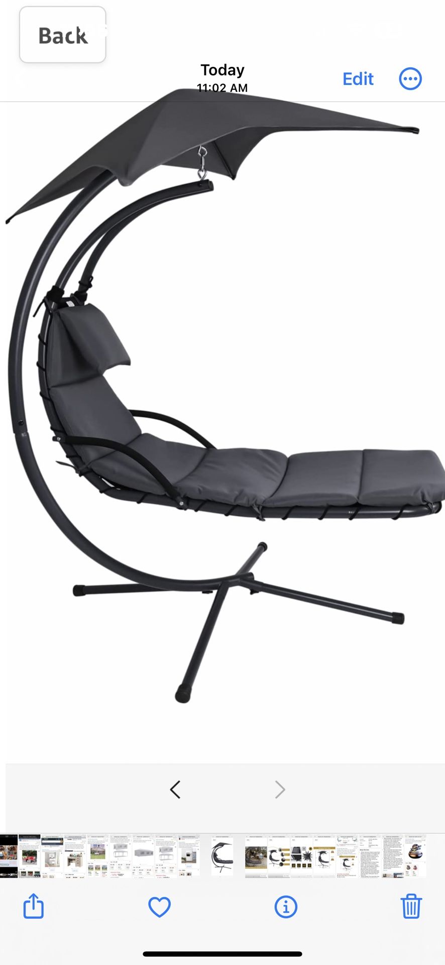 Brand New Grey Color Hanging Chaise Lounge Chair, Patio Outdoor Hammock Curved Steel Chairs, All Weather Dream Lounger Swing Arc Stand with Removable