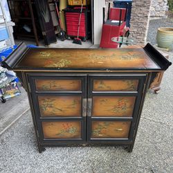Vintage Asian-Inspired Hand-Painted Cabinet / Console