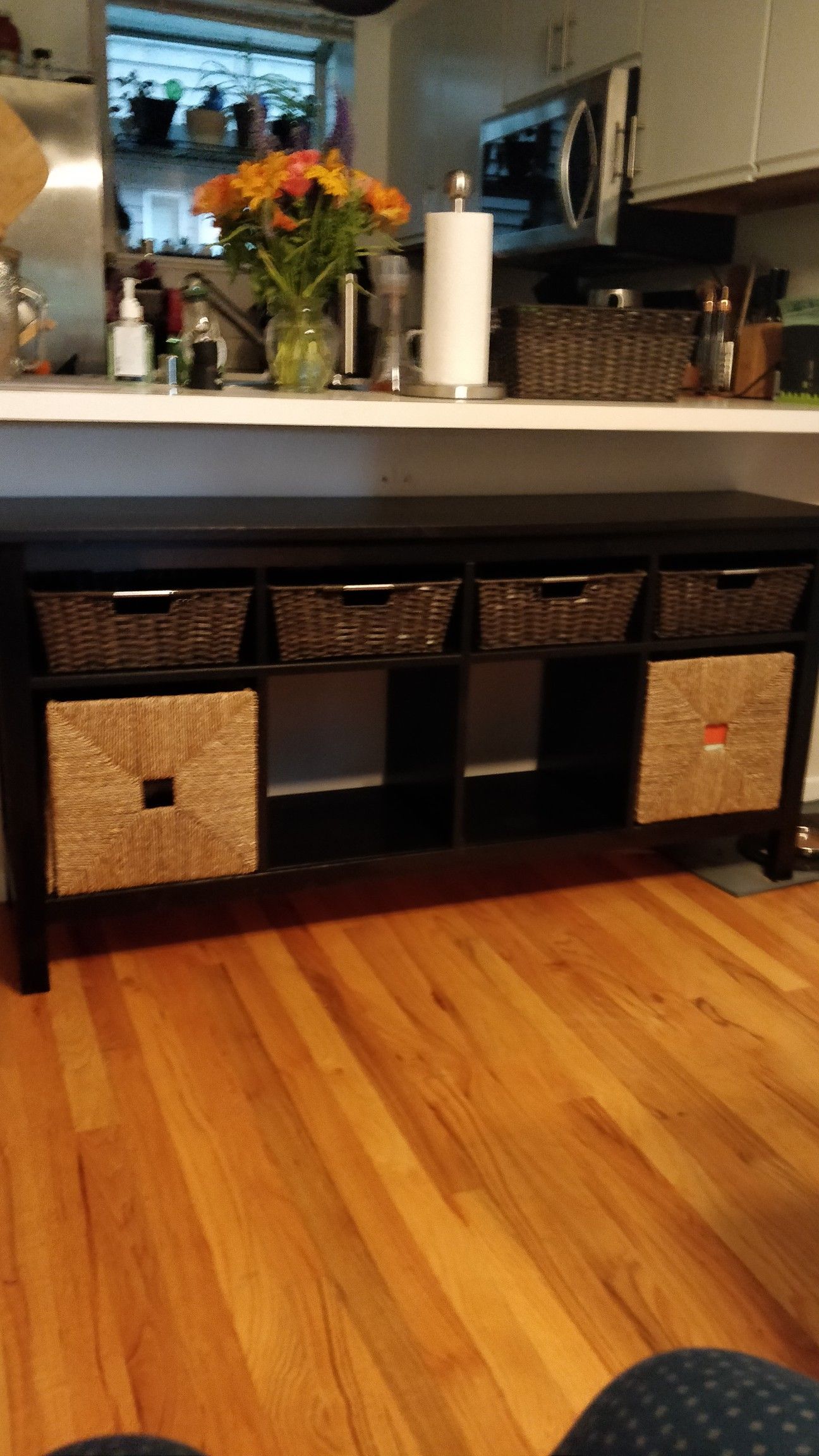 IKEA Solid Pine Black Console/Sofa Table with wicker baskets