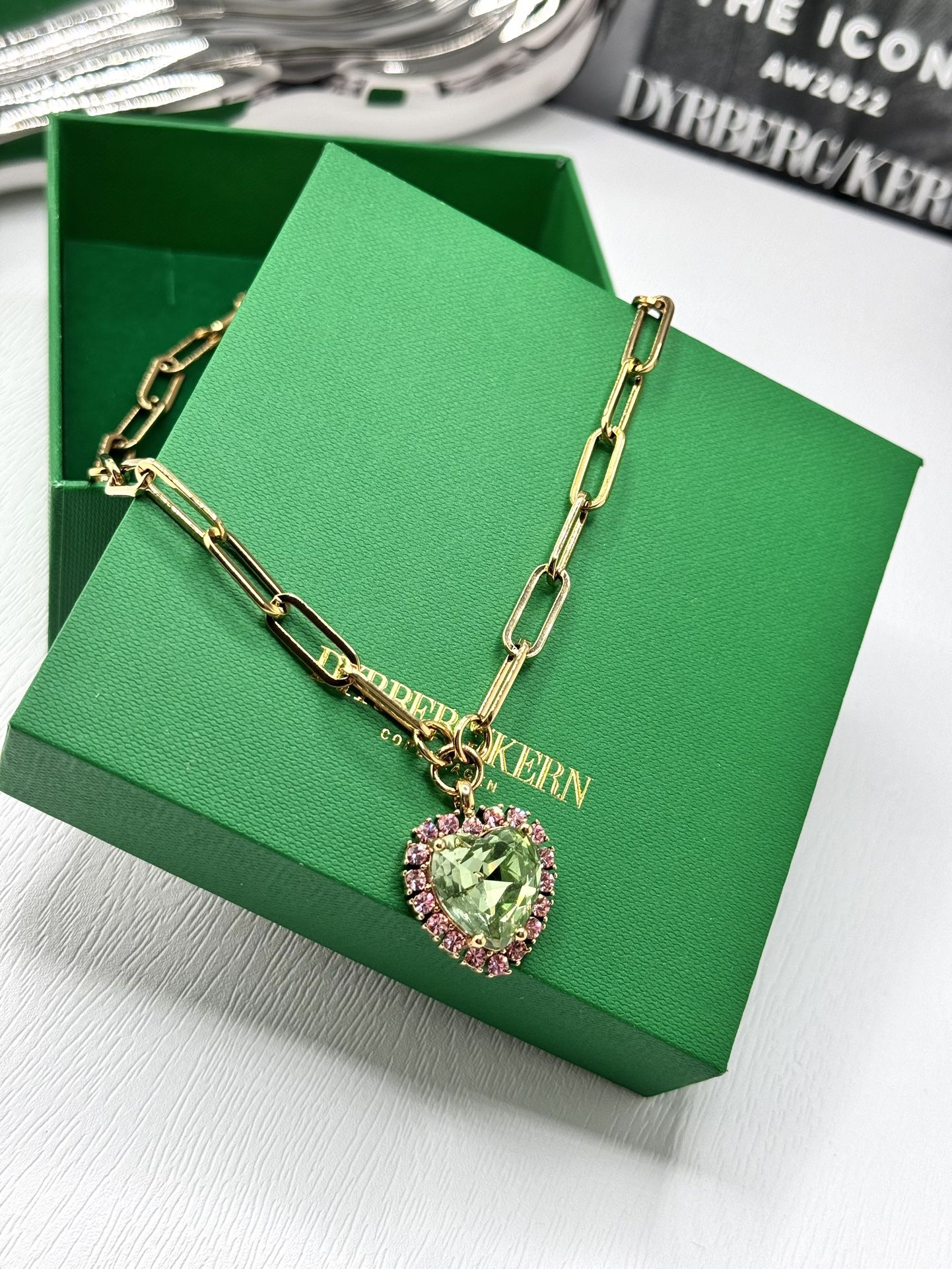 Peridot Heart And Pink Crystals Gold Necklace, Light Green Crystal Heart Charm Necklace