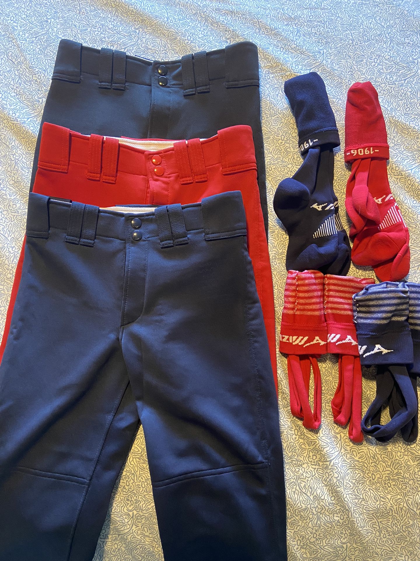 Mizuno Softball pants, Size: Women’s XS- Black, Red and Navy, plus Navy & Red socks and stirrups