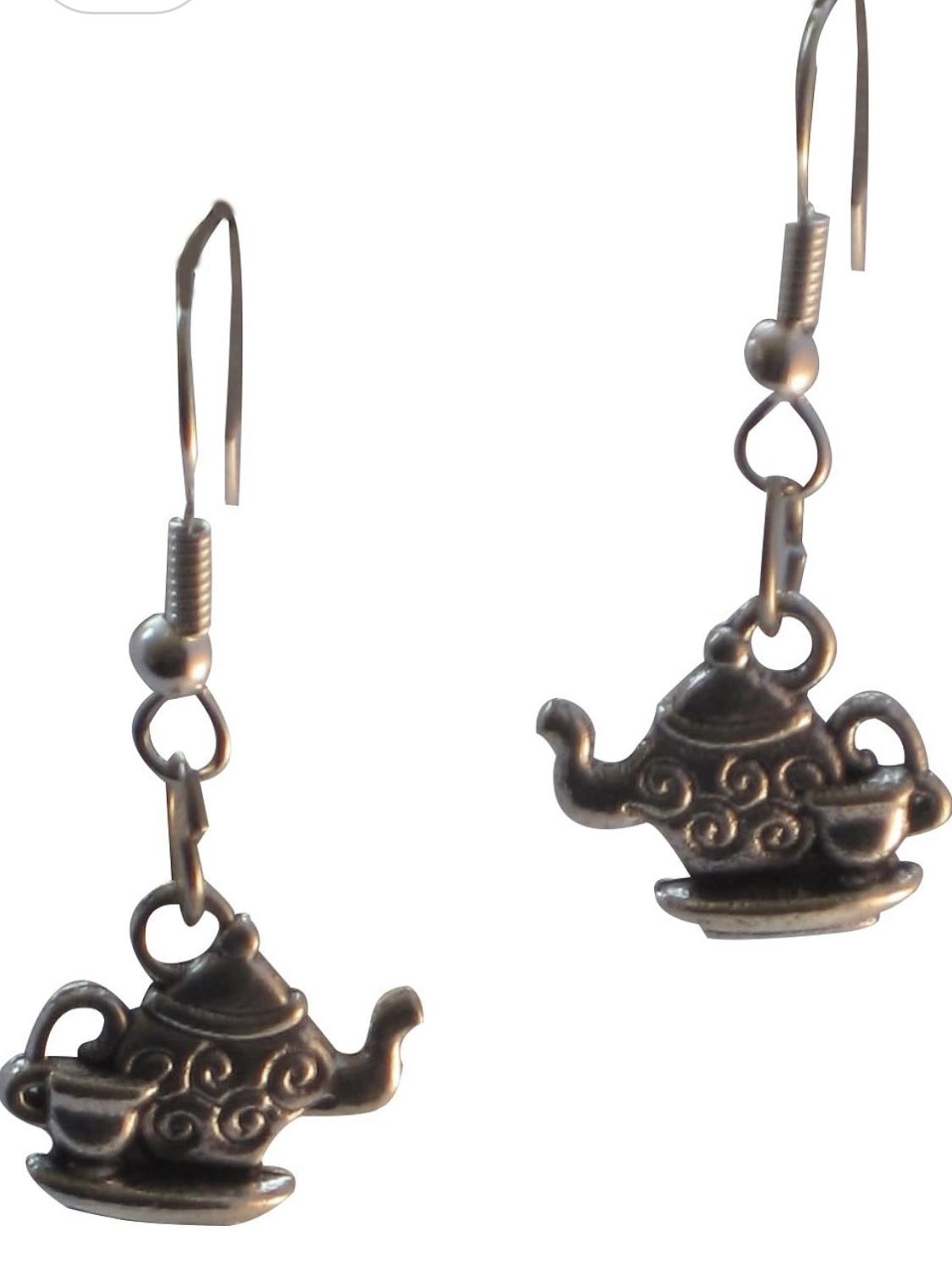 Tea Pot Kettle with Cup Dangle Earrings Silvertone Metal Alloy