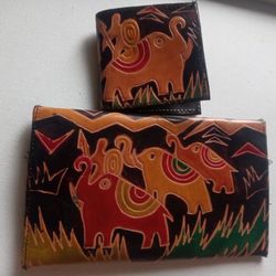 1992 Vintage Elephants Leather mtc Clutch Bag And Boho Wallet