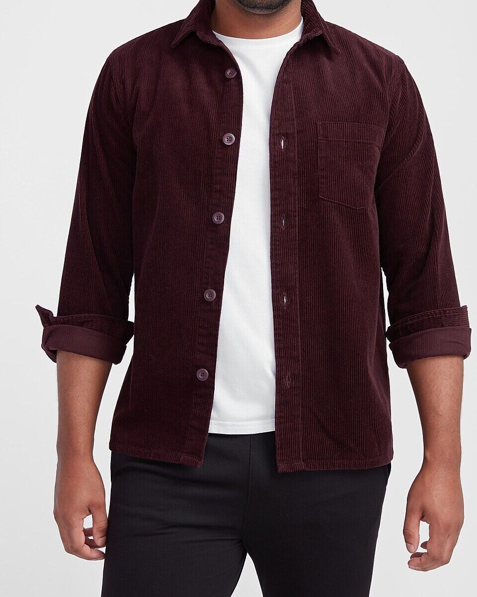 EXPRESS MERLOT SOLID STRETCH CORDUROY SHIRT