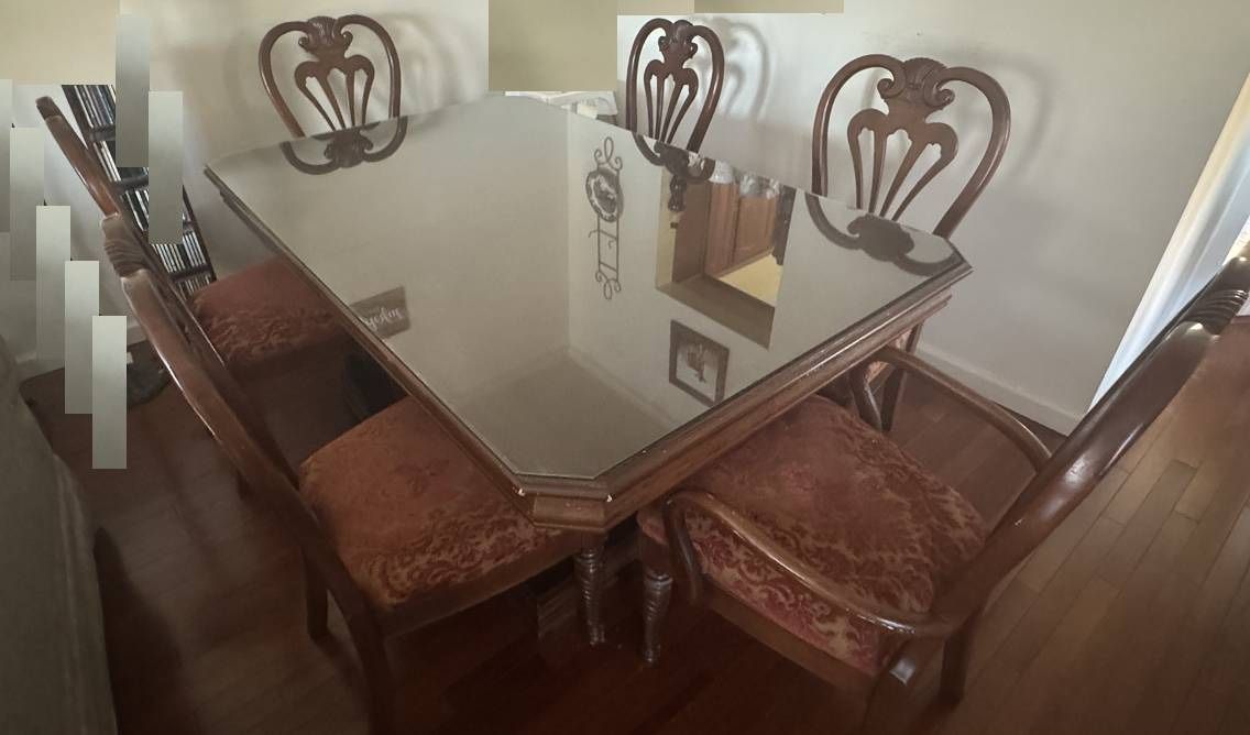 Cherry Dining Table -Glass Top & 6 Chairs