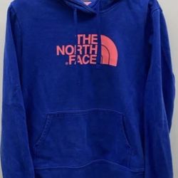 The North Face Blue Pink Graphic Print Logo Hoodie Sweatshirt Size L Used Excellent 