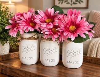 Chalk painted distressed mason jars gift - PINK GERBERA DAISY