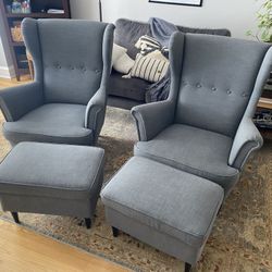 MCM Pair Of Wing Back Arm Chairs W/ Matching Ottomans 