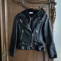 Iro Riley Black Lamb Leather Moto Jacket with Sequin Hood & Details Size 36 US 4