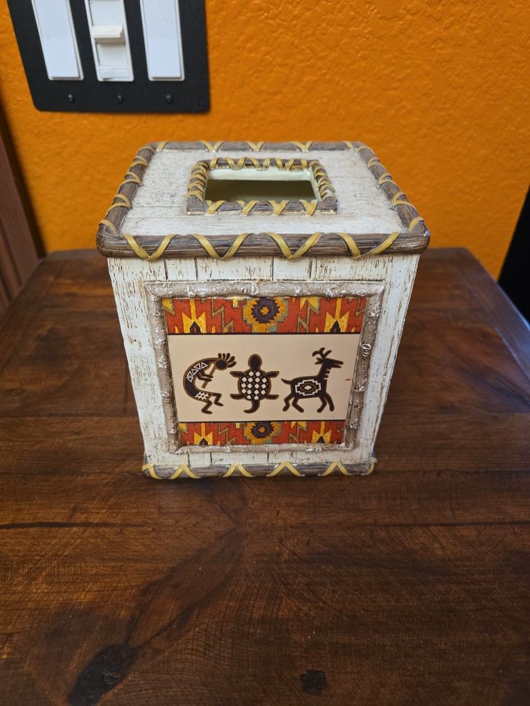 KOKOPELLI Tissue Kleenix Square Box Holder Southwestern Tan Rust Petroglyph Cave Art Deer Tortoise Resin Wood Look Hand Painted