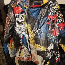 Men's Reason Brand  Black Zip Up Motorcycle Skull Roses Moto Multi Jacket Sz L
