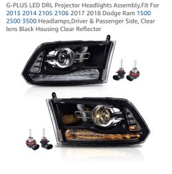 Black housing headlight projectors fit 2013 to 2018 dodge ram pick up with 9pin connectors