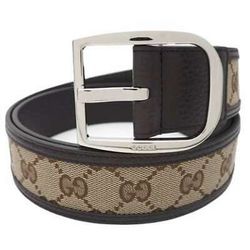Authentic Gucci GG Canvas Belt Brown Leather 
