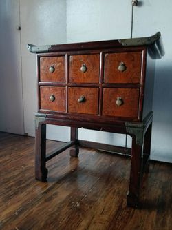 Vintage Chinoiserie Apothecary Herbal Medicine Cabinet With Brass Hardware