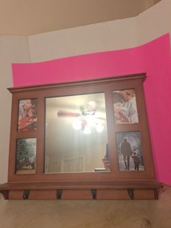 Wood Entryway Mirror with Photo Frames and Hooks-$55
