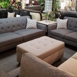 Brand New Ash Black Linen Midcentury Modern Sofa + Loveseat 2PCs Set