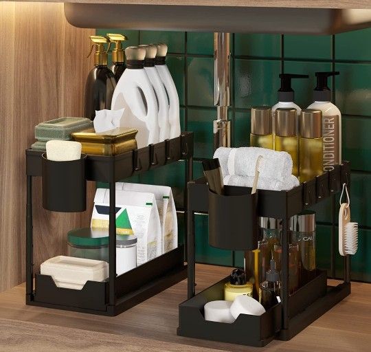 Adjustable Height Under Sink Organizers and Storage 2 pack - Sliding Drawers Under the Sink Cabinet Organizer - 2 Tier Under Kitchen Bathroom Sink Org