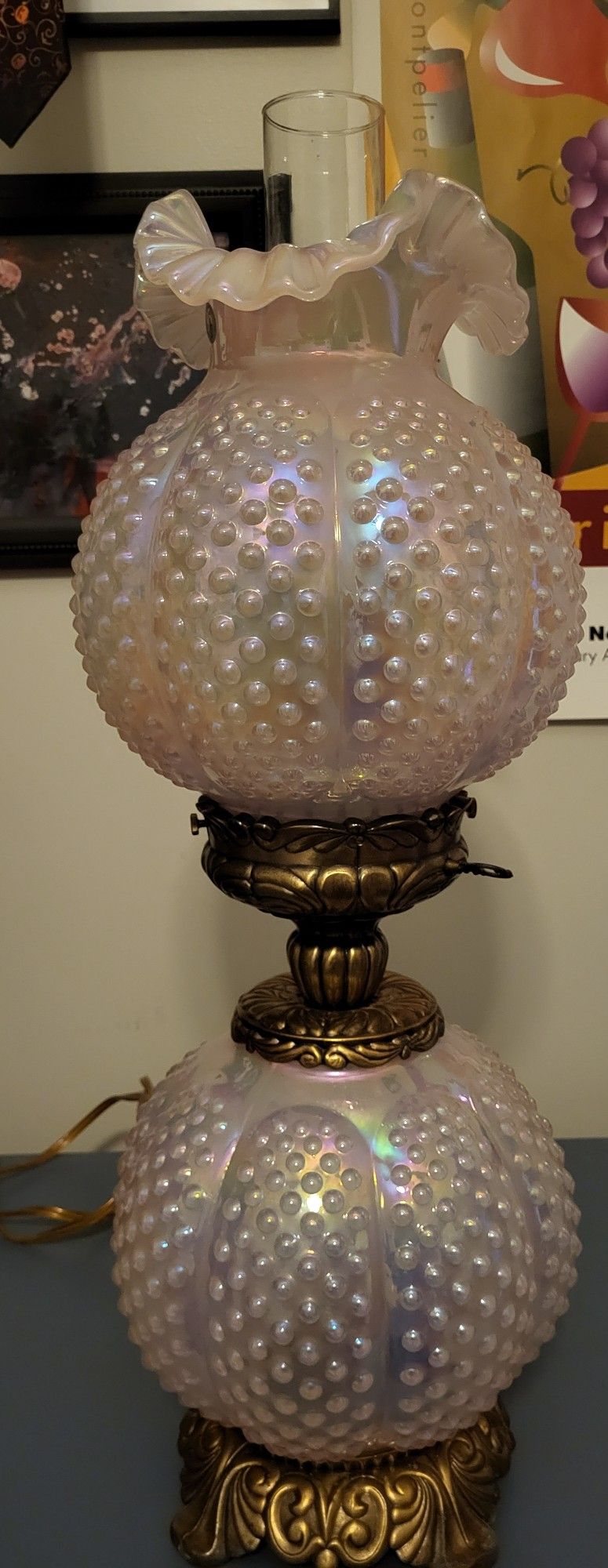 Fenton Glass Lamp Pink Hobnail Iridescent Opalescent Melon GWTW Hurricane Lamp