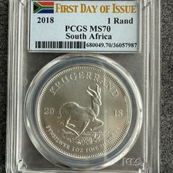 2018 PCGS MS70 SOUTH AFRICA KRUGERRAND 1oz SILVER COIN