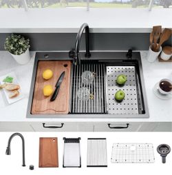 New 33x22 Drop In Kitchen Sink with Waterfall Faucet 10 Inch Deep